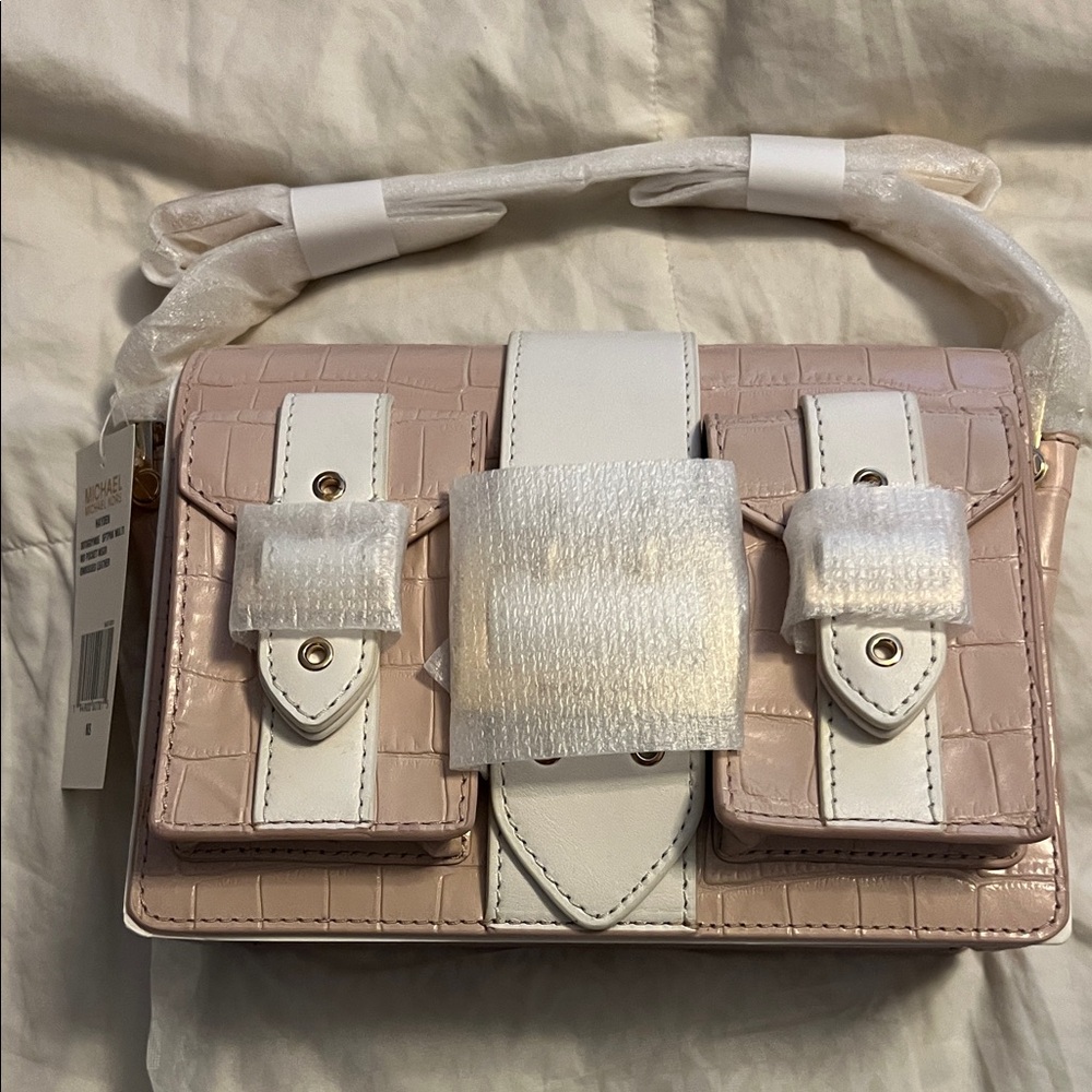 Michael Kors Pink and White Crocodile Satchel with Gold Hardware